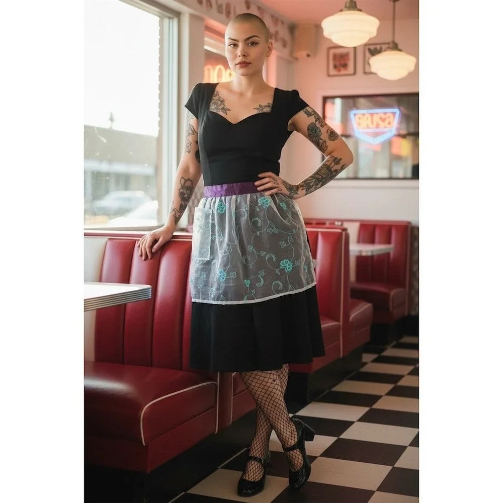 Handbagz and gladragz Half Apron Womens OSFA Purple Sheer Floral Pocket Retro